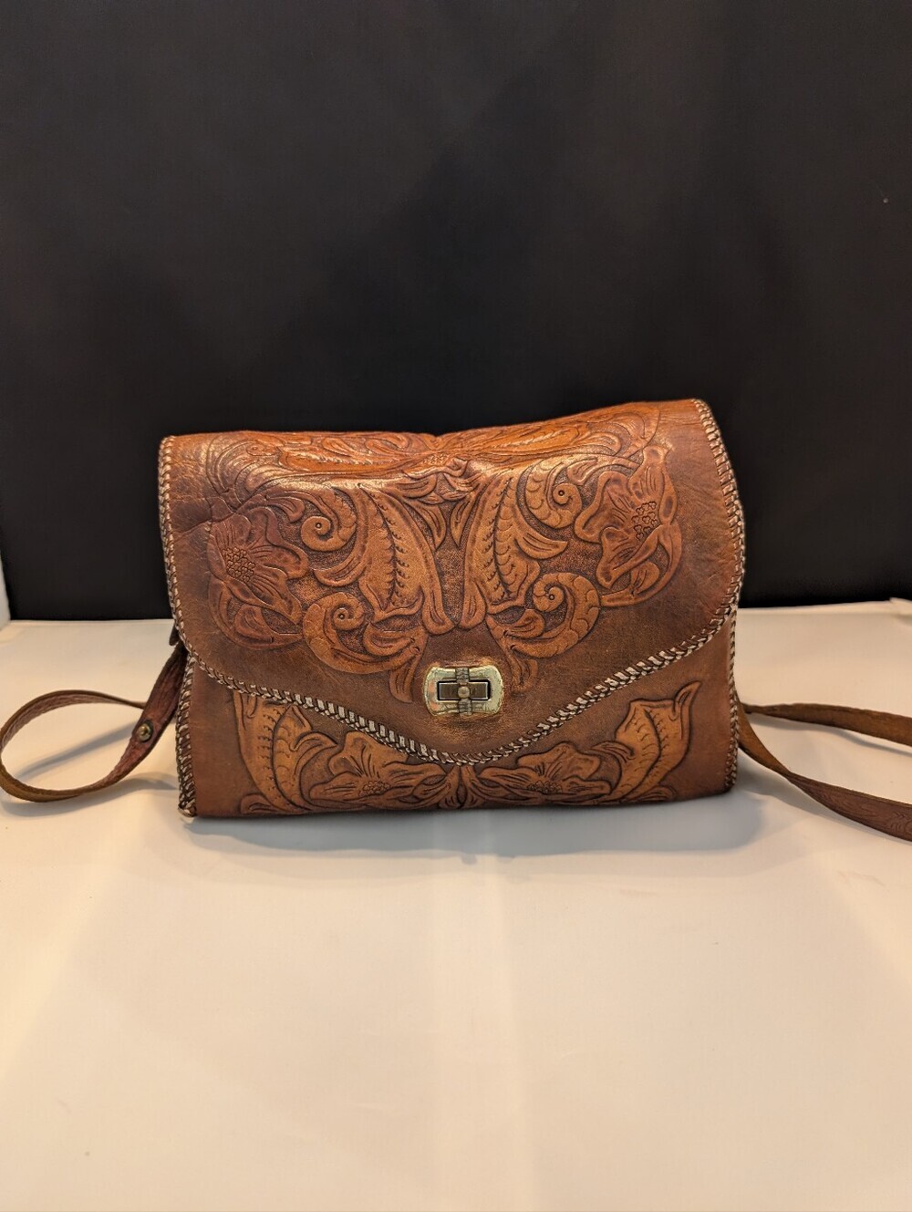 Vintage Hand Tooled Leather Floral Crossbody Bag